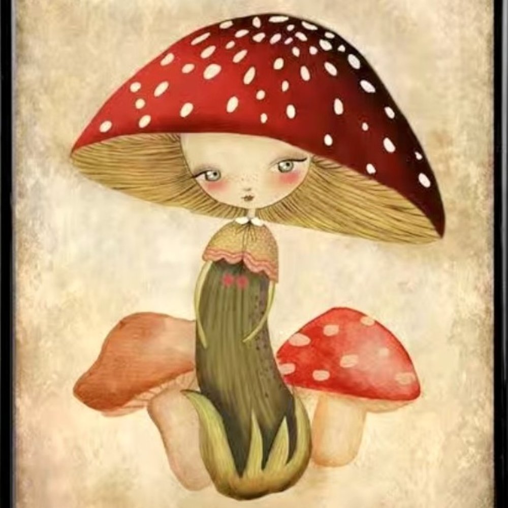 16x12 Whimsical Fantasy Mushroom Girl Enchanted Forest Children's Canvas Print